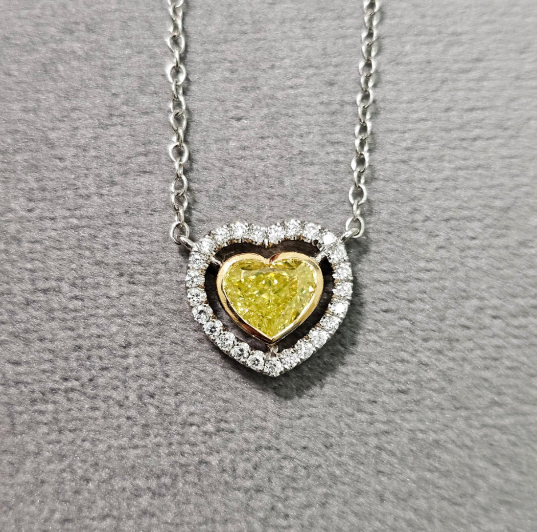 1.02ct Fancy Intense Greenish Yellow NEON Heart Diamond Pendant VS2 GIA
