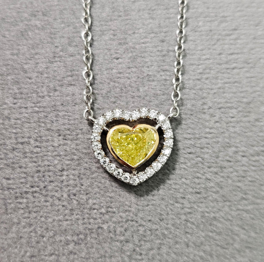 1.02ct Fancy Intense Greenish Yellow NEON Heart Diamond Pendant VS2 GIA