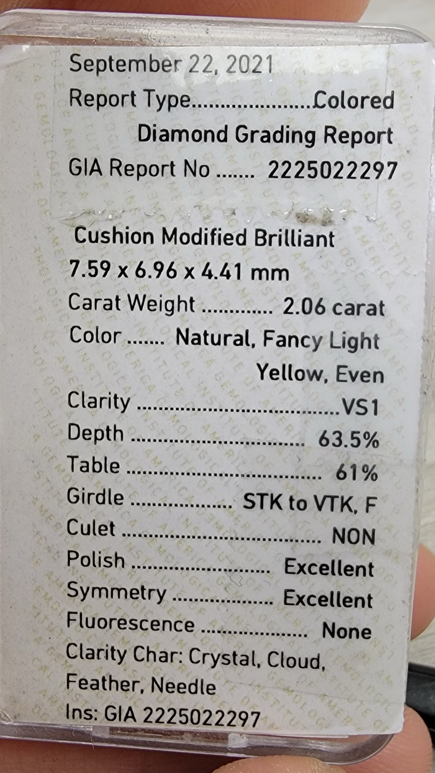 2.06ct Fancy Light Yellow Cushion VS1 GIA