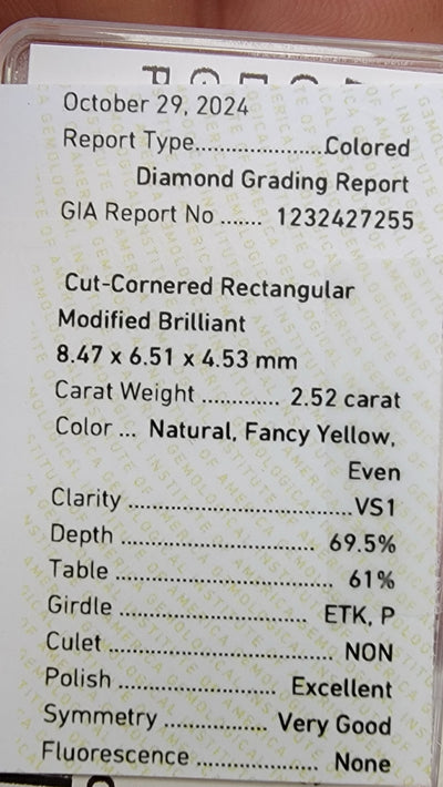 2.52ct Fancy Yellow Elongated Radiant VS1 GIA
