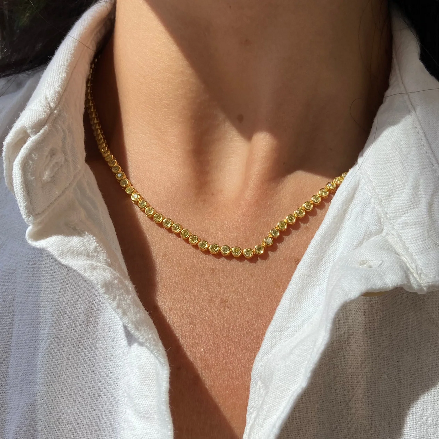 Fancy Intense Yellow Round Bezel Set Tennis Necklace