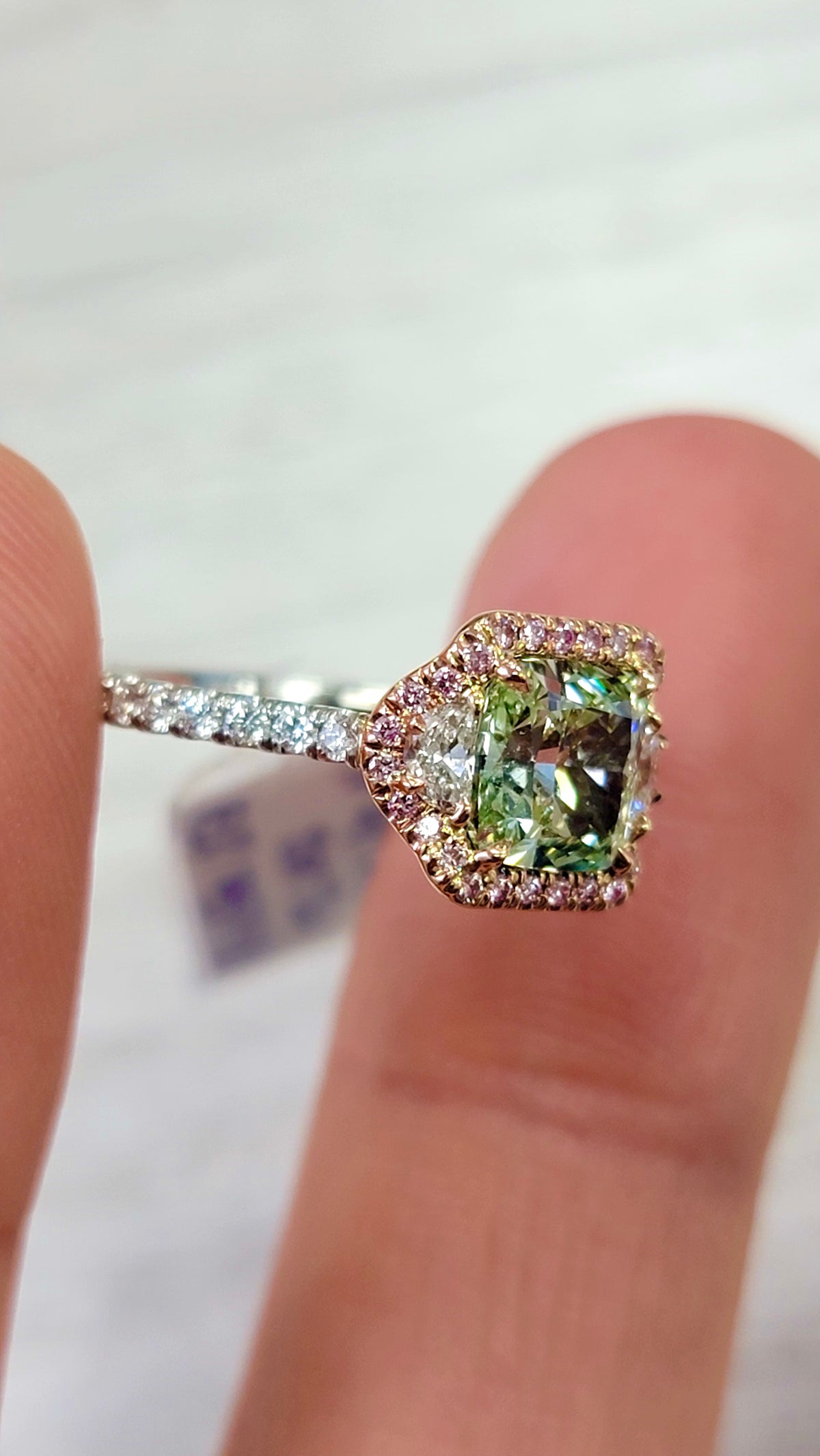 1.87ct Fancy Yellowish Green Cushion Diamond Ring VS2 GIA