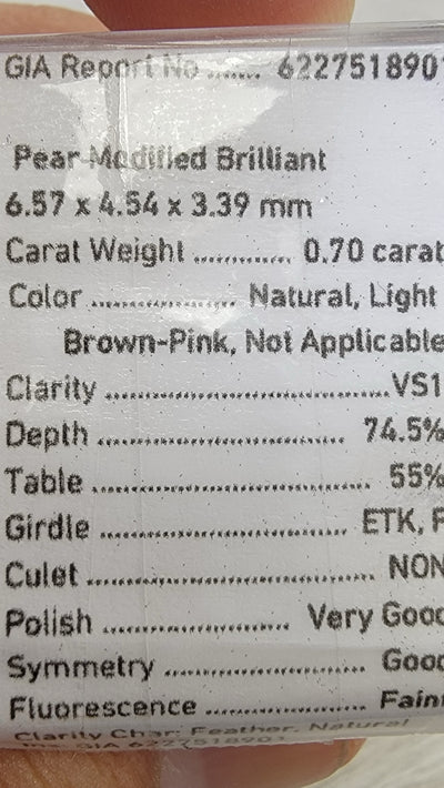 0.70ct Light Brown Pink Pear VS1 GIA