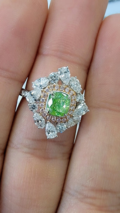 1.03ct Fancy Intense Yellow Green NEON Cushion I1 GIA Cocktail Ring