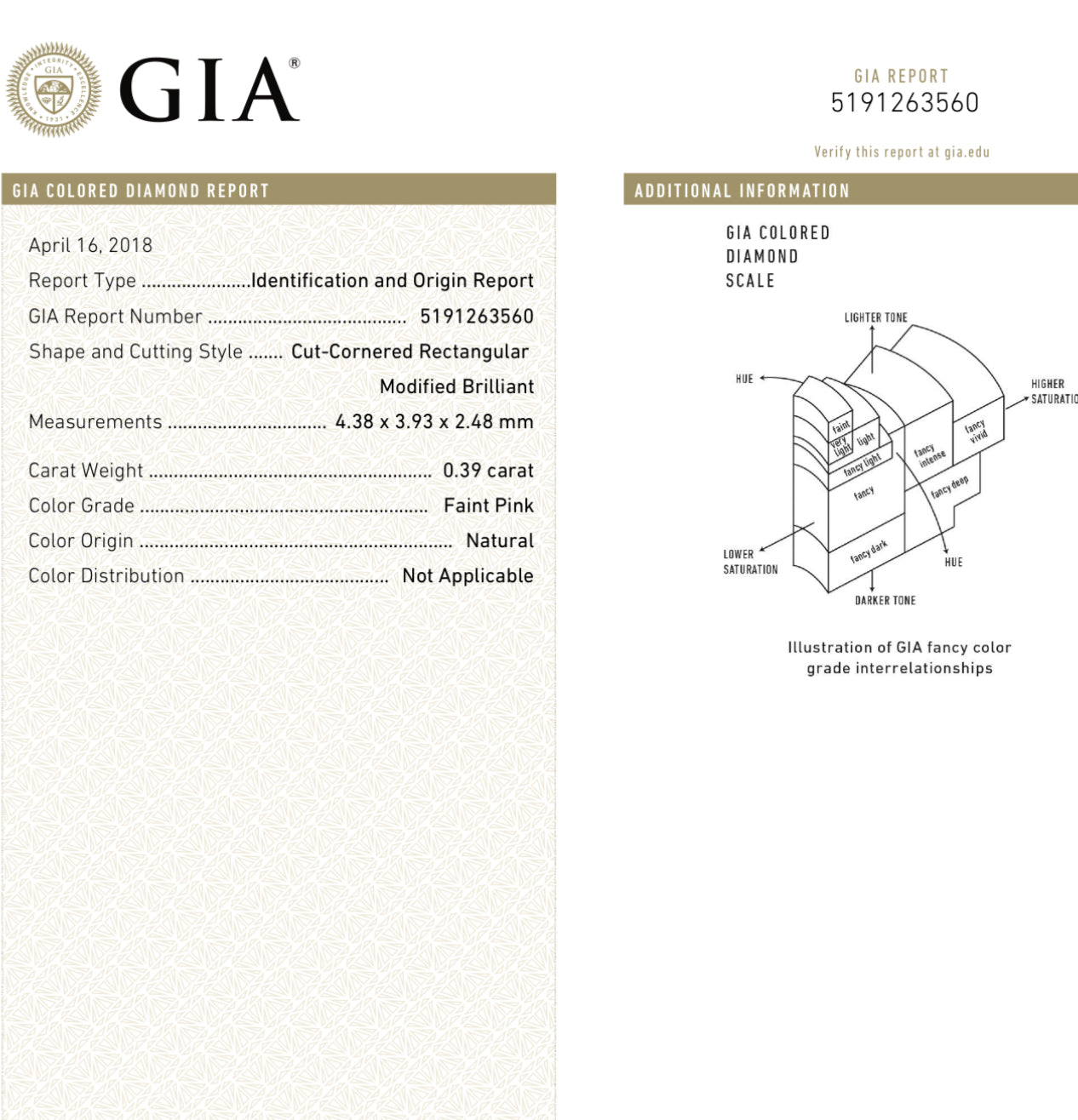 0.39ct Faint Pink Radiant GIA