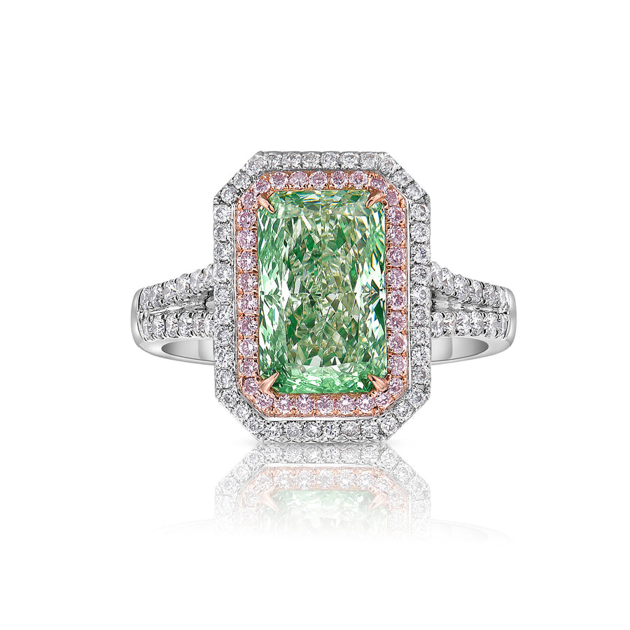 3.14ct Light Yellowish Green Radiant Diamond Ring VS2 GIA