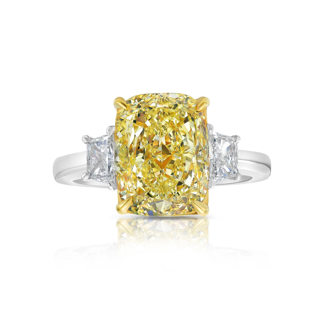 4.20ct Fancy Yellow Elongated Cushion Diamond Ring with Trapezoid Side Stones