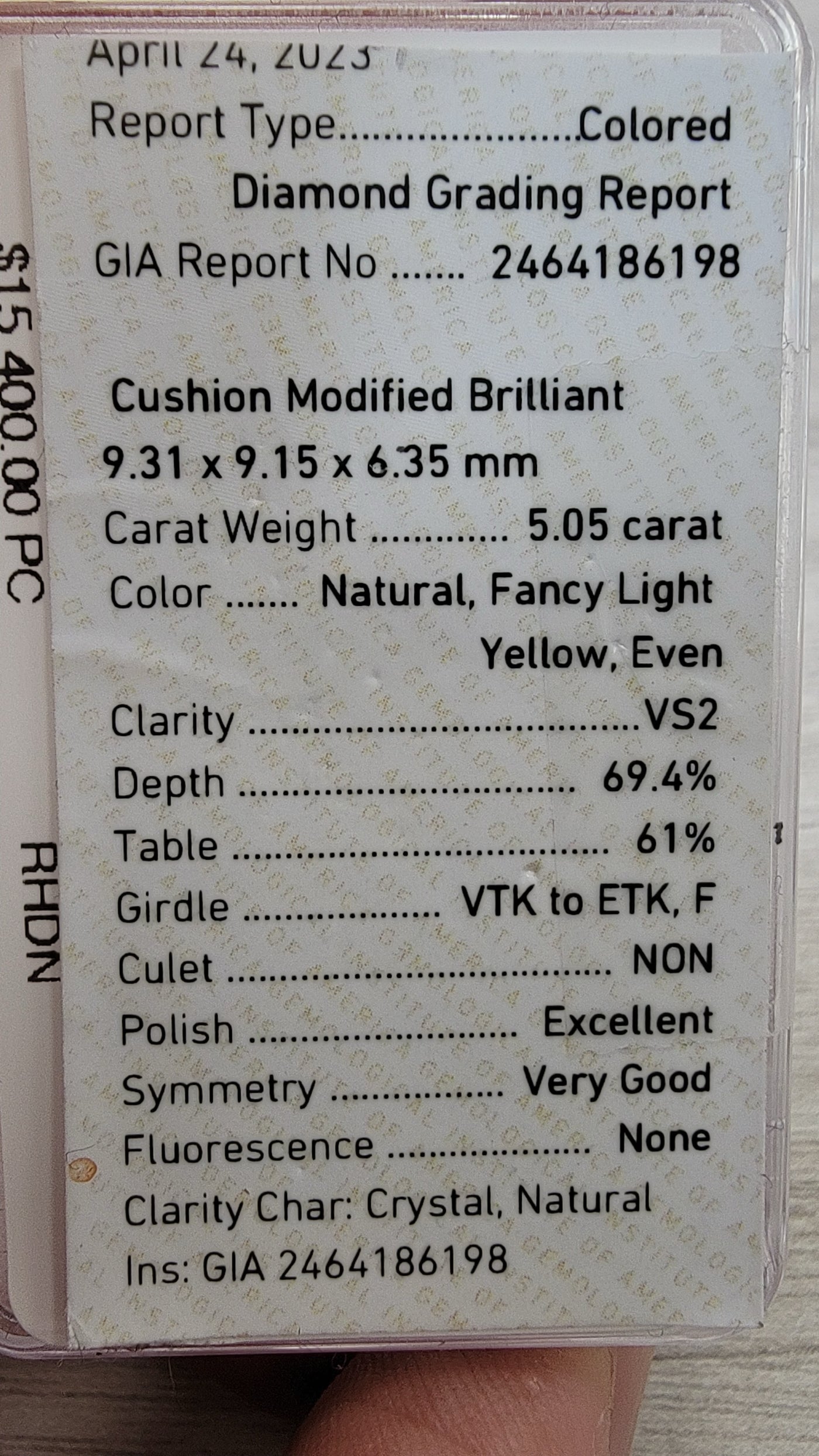 5.05ct Fancy Light Yellow Cushion VS2 GIA