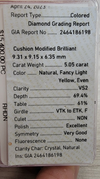 5.05ct Fancy Light Yellow Cushion VS2 GIA