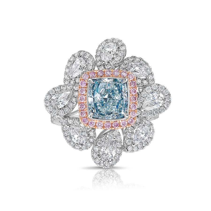 1.67ct Fancy Light Bluish Green Cushion Diamond Cocktail Ring SI1 GIA