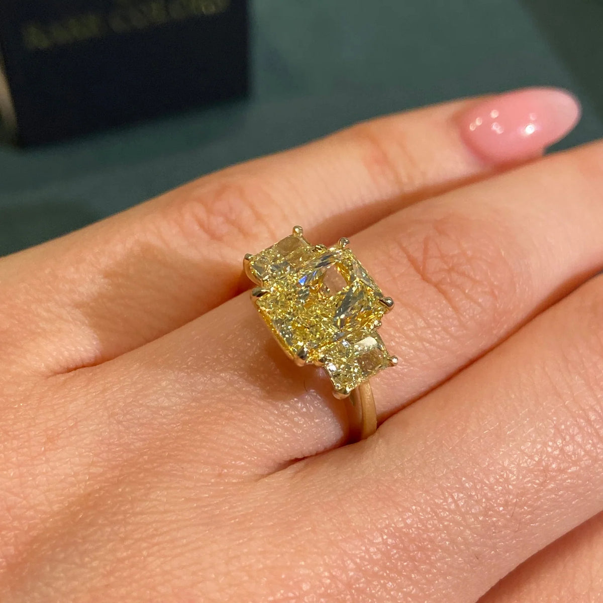 3.0ct Fancy Yellow Elongated Radiant Diamond Ring GIA