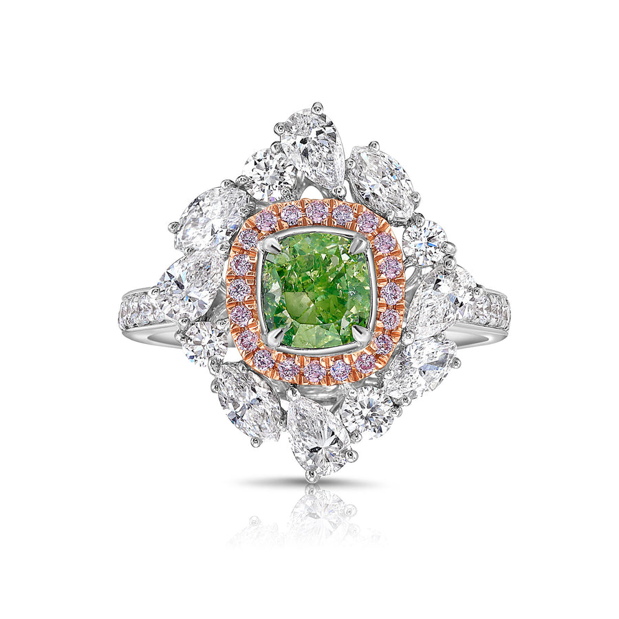 1.03ct Fancy Intense Yellow Green NEON Cushion Diamond Cocktail Ring I1 GIA