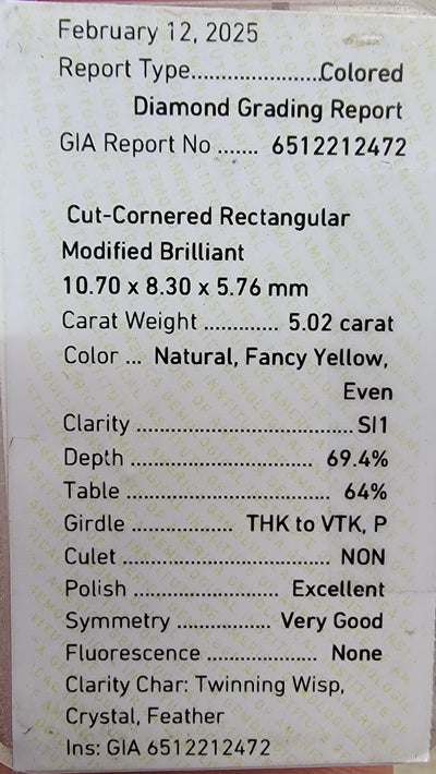 5.02ct Fancy Yellow Elongated Radiant SI1 GIA