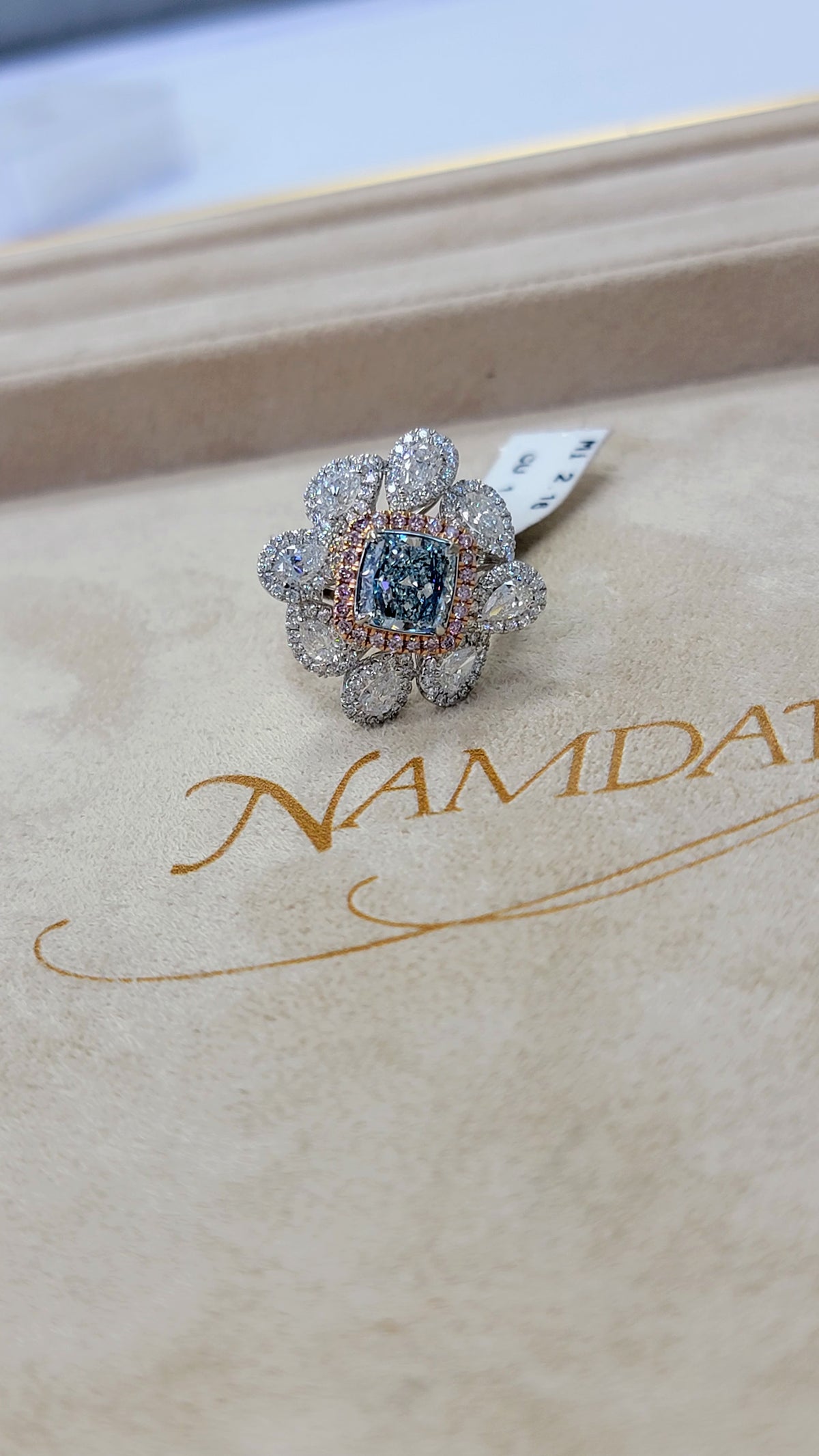1.67ct Fancy Light Bluish Green Cushion Diamond Cocktail Ring SI1 GIA