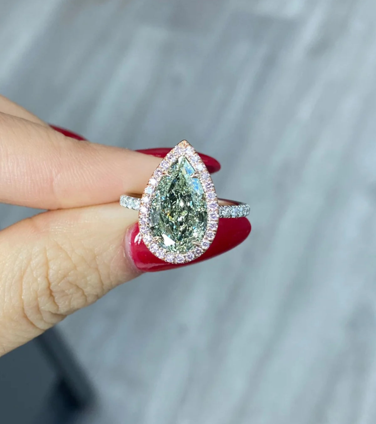 4ct Fancy Green Yellow Pear Diamond Ring VS2 GIA