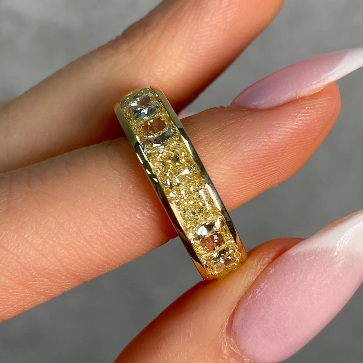 8.13ctw Fancy Yellow Cushion Diamond Channel Set Eternity Band
