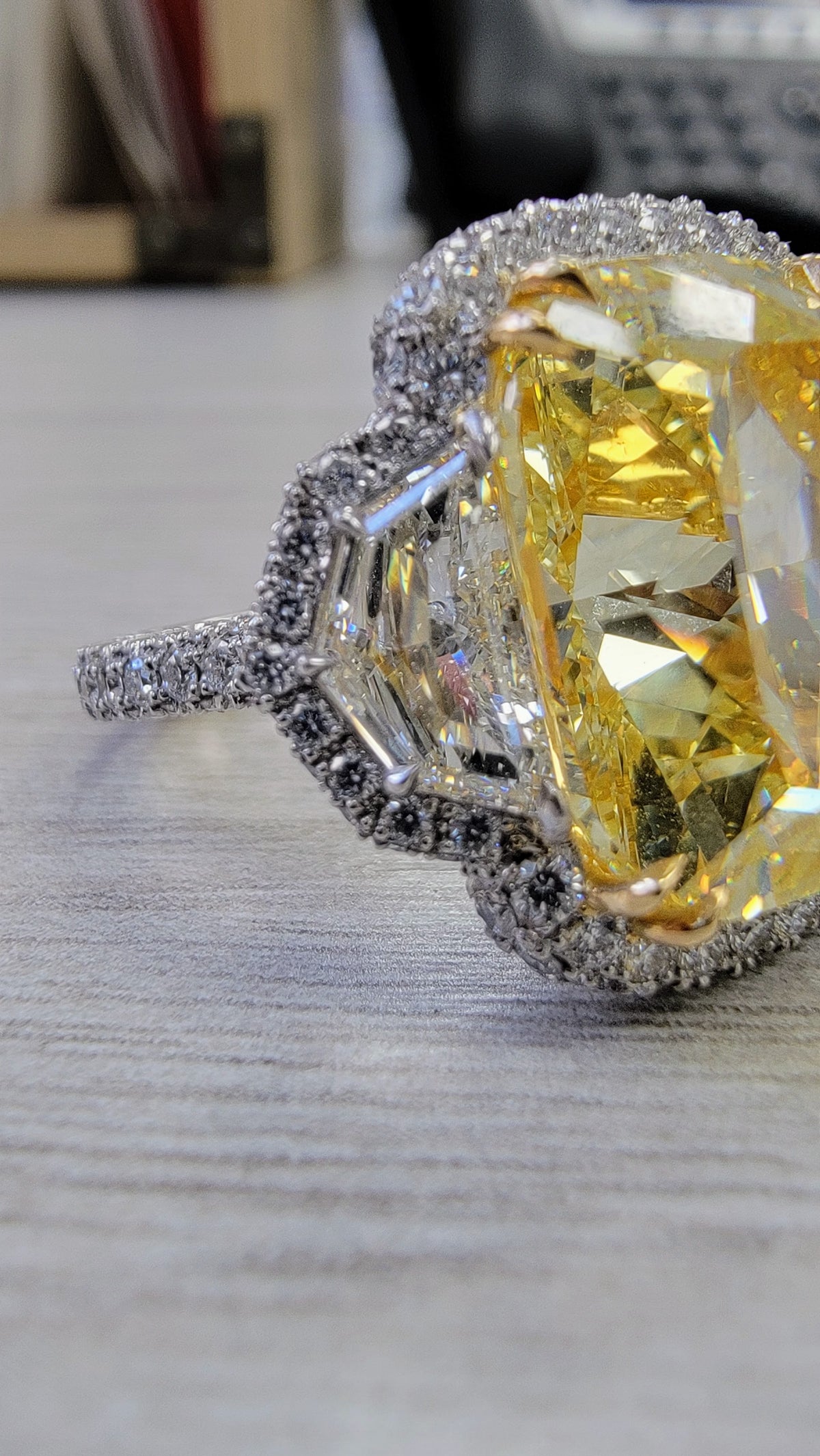 13.30ct Fancy Intense Yellow Elongated Cushion Diamond Internally Flawless Ring GIA