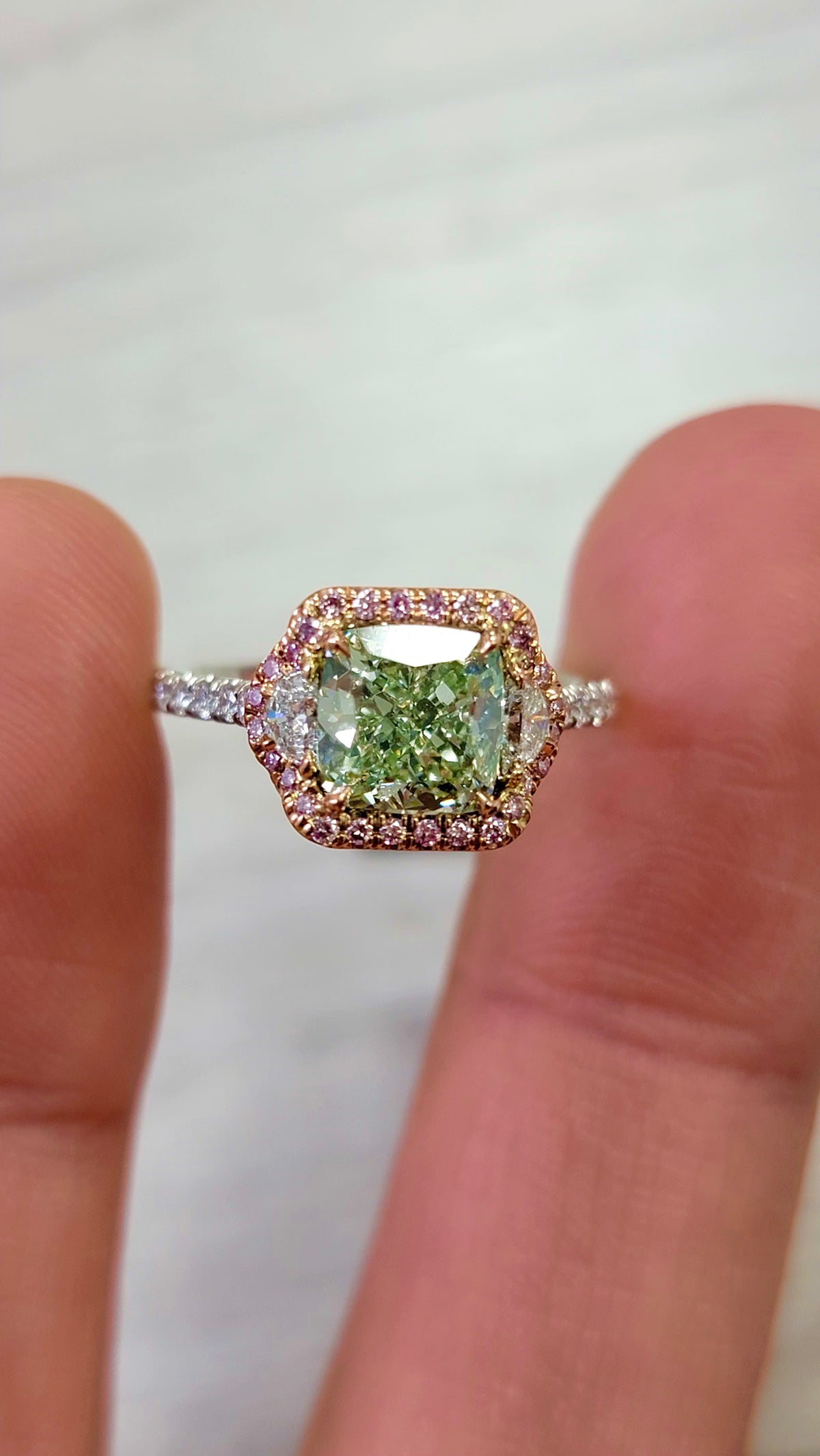 1.87ct Fancy Yellowish Green Cushion Diamond Ring VS2 GIA