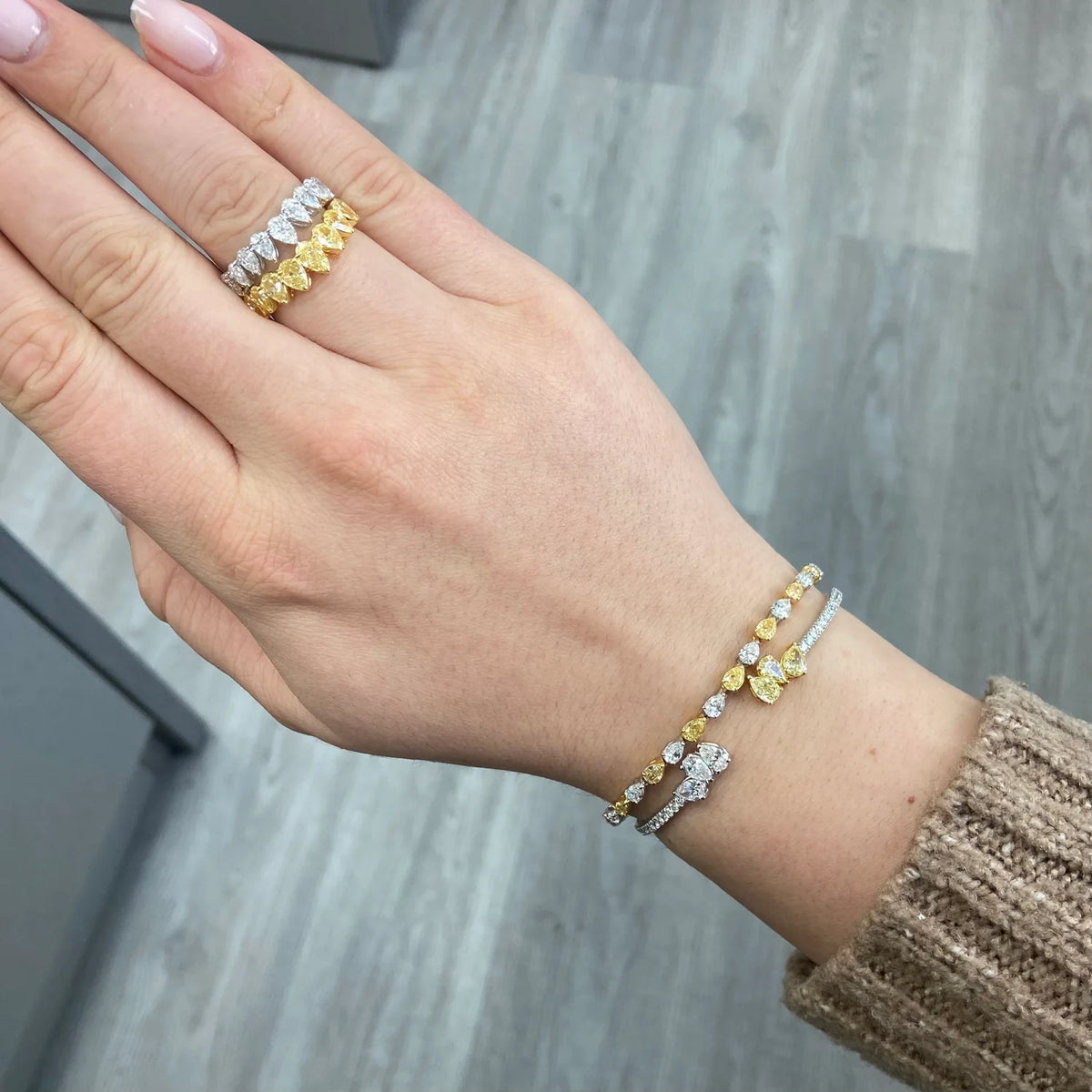 Yellow Pear Diamond & White Pear Double Row Ring