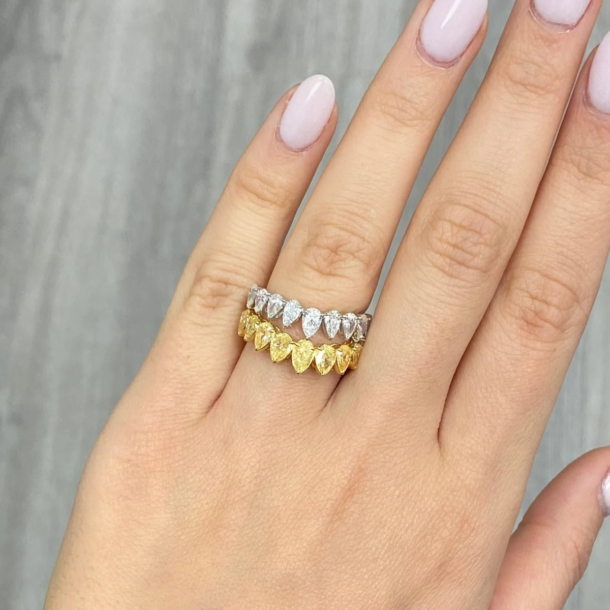 Yellow Pear Diamond & White Pear Double Row Ring