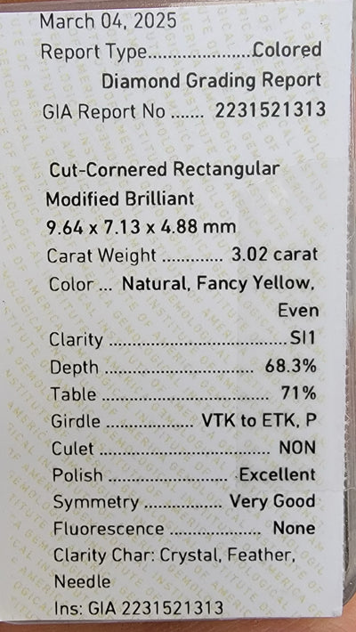 3.02ct Fancy Yellow Elongated Radiant SI1 GIA