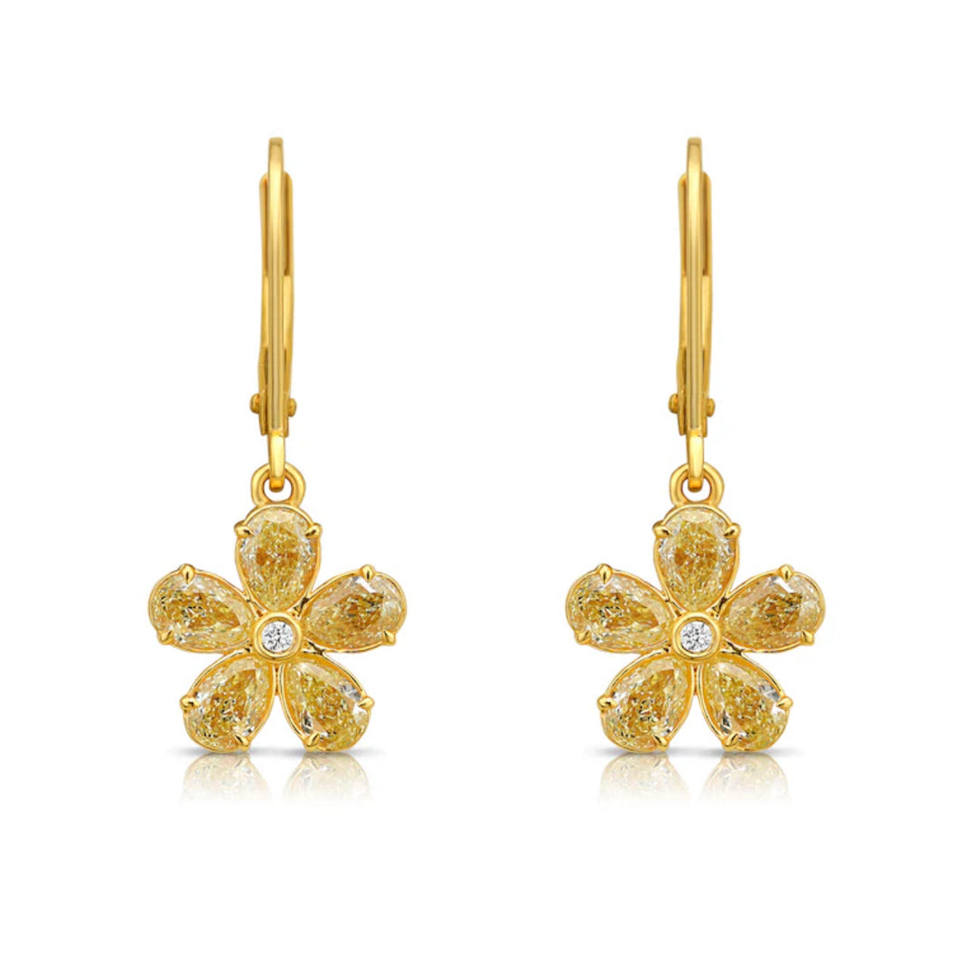 2.11ctw Yellow Diamond Pear-Shaped Flower Drop Earrings in 18k Gold