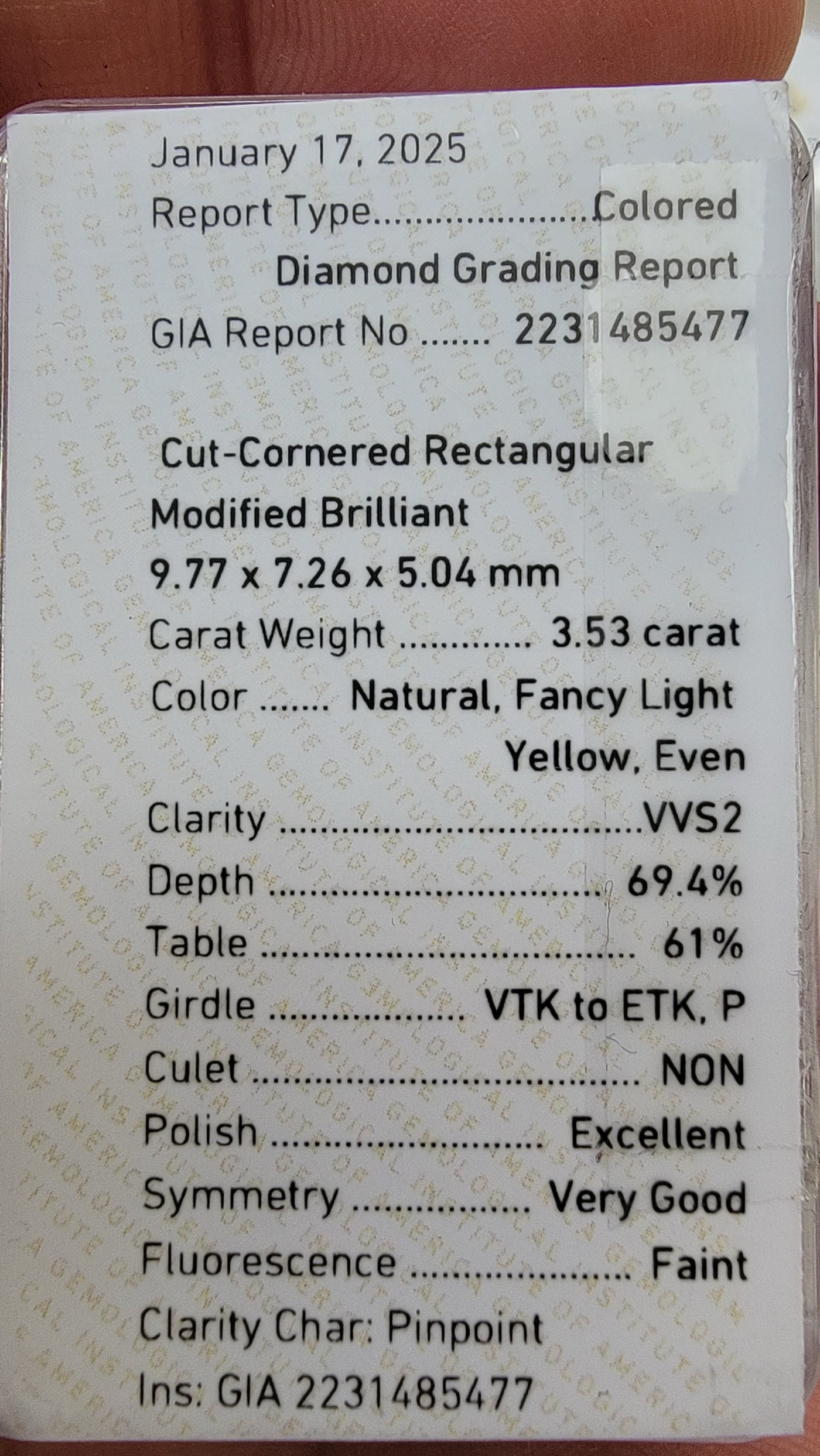 3.53ct Fancy Light Yellow VVS2 Elongated Radiant GIA