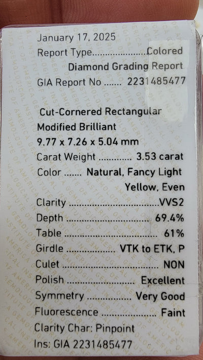 3.53ct Fancy Light Yellow VVS2 Elongated Radiant GIA