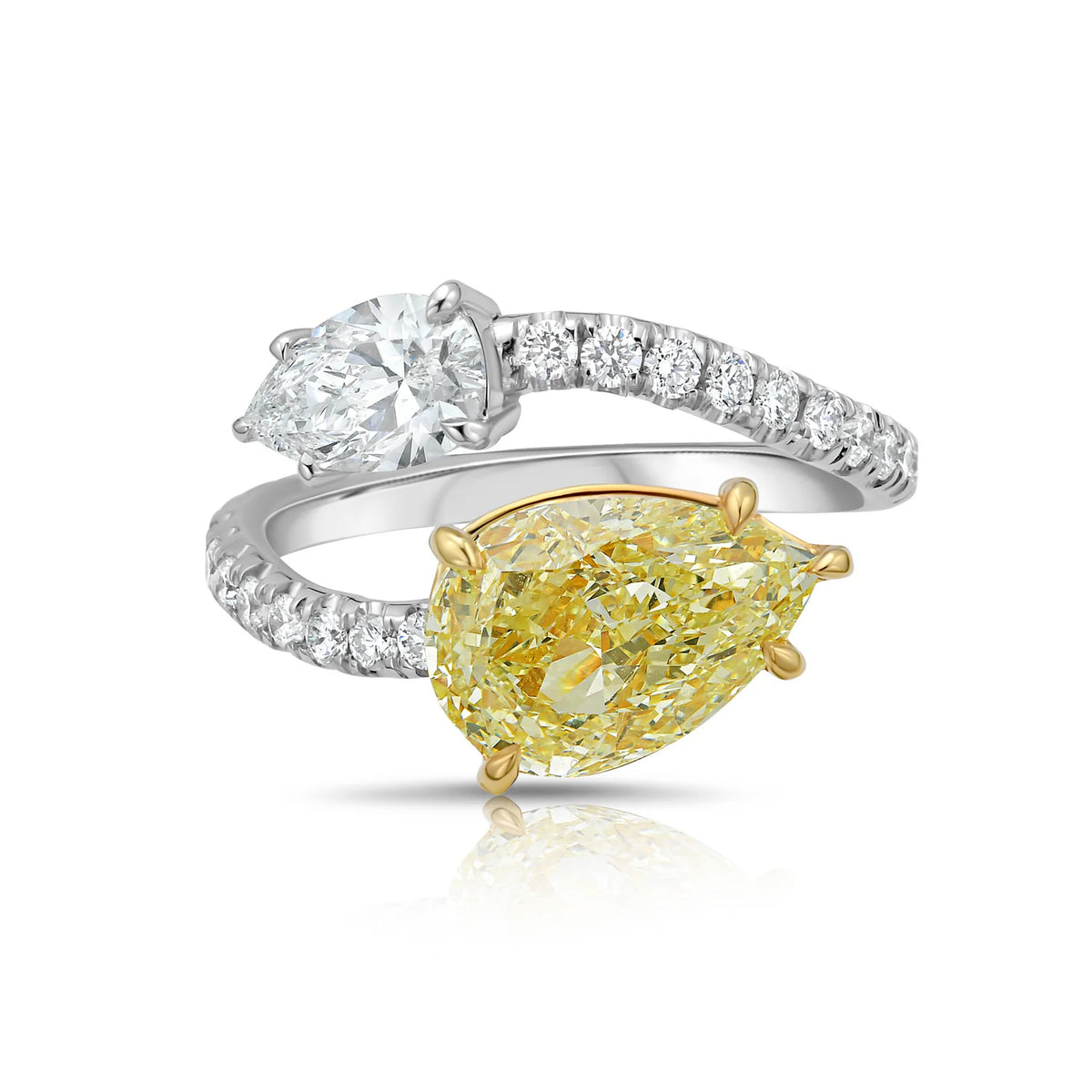 Yellow Pear Diamond and White Pear Diamond Spiral Ring