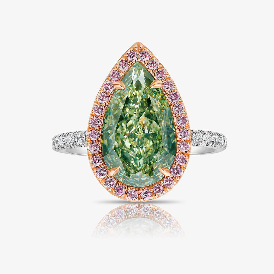4ct Fancy Green Yellow Pear Diamond Ring VS2 GIA