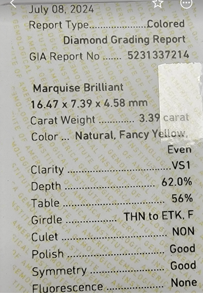 3.39ct Fancy Yellow Marquise VS1 GIA