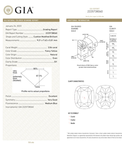 3.06ct Fancy Yellow Cushion SI1 GIA Ring