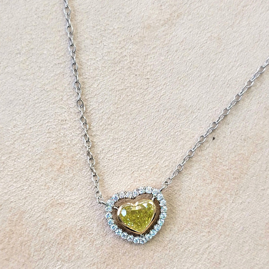 1.02ct Fancy Intense Greenish Yellow NEON Heart Diamond Pendant VS2 GIA
