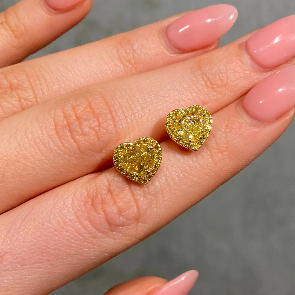 3.71ctw Fancy Intense Yellow Heart Diamond Halo Stud Earrings GIA