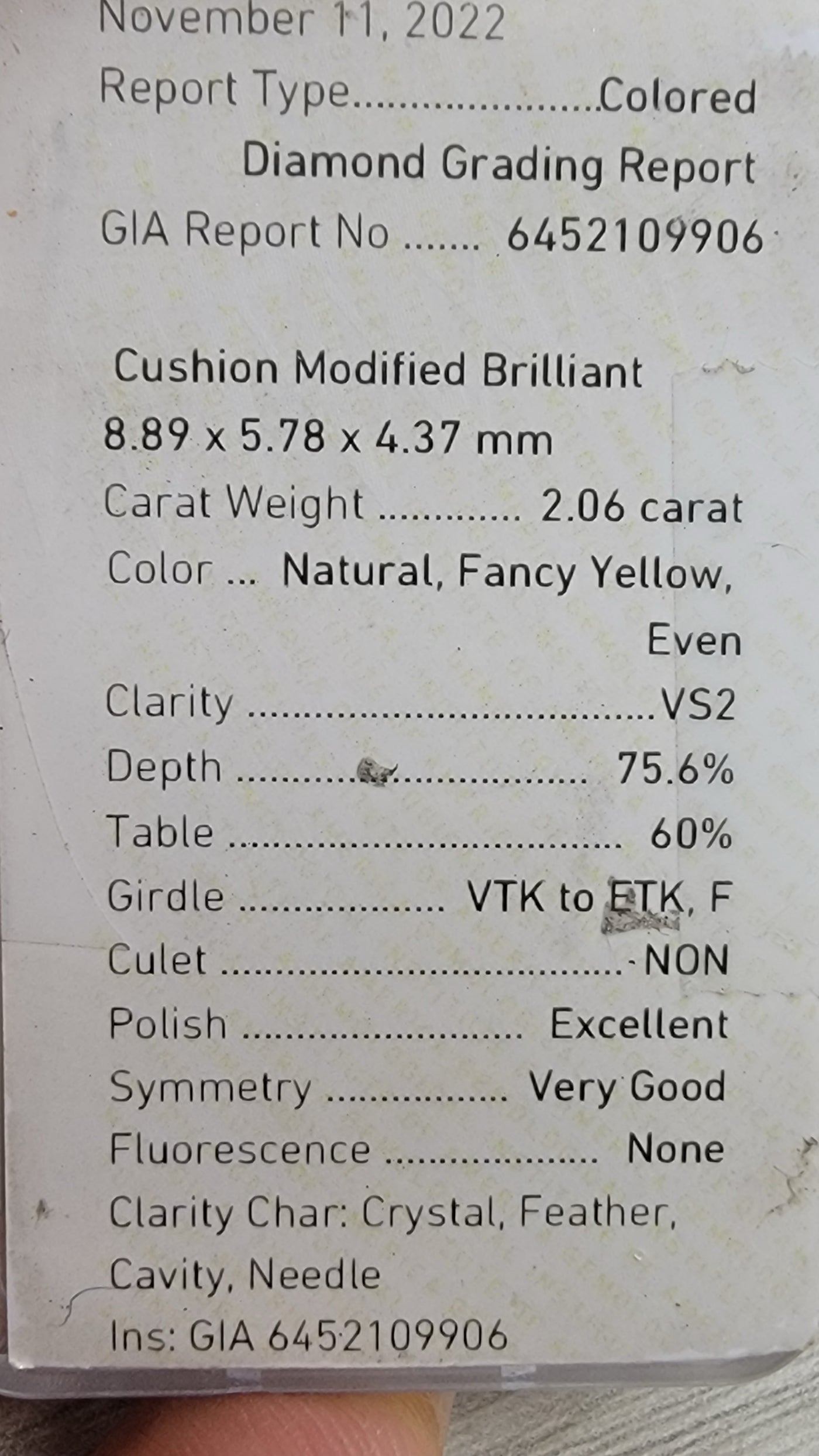 2.06ct Fancy Yellow Elongated Cushion VS2 GIA