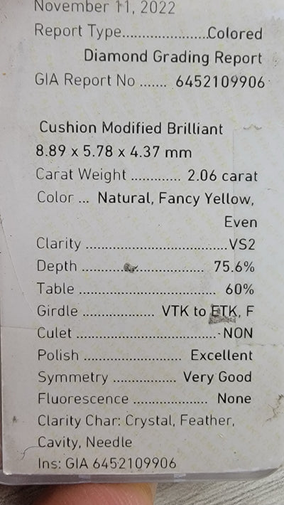 2.06ct Fancy Yellow Elongated Cushion VS2 GIA