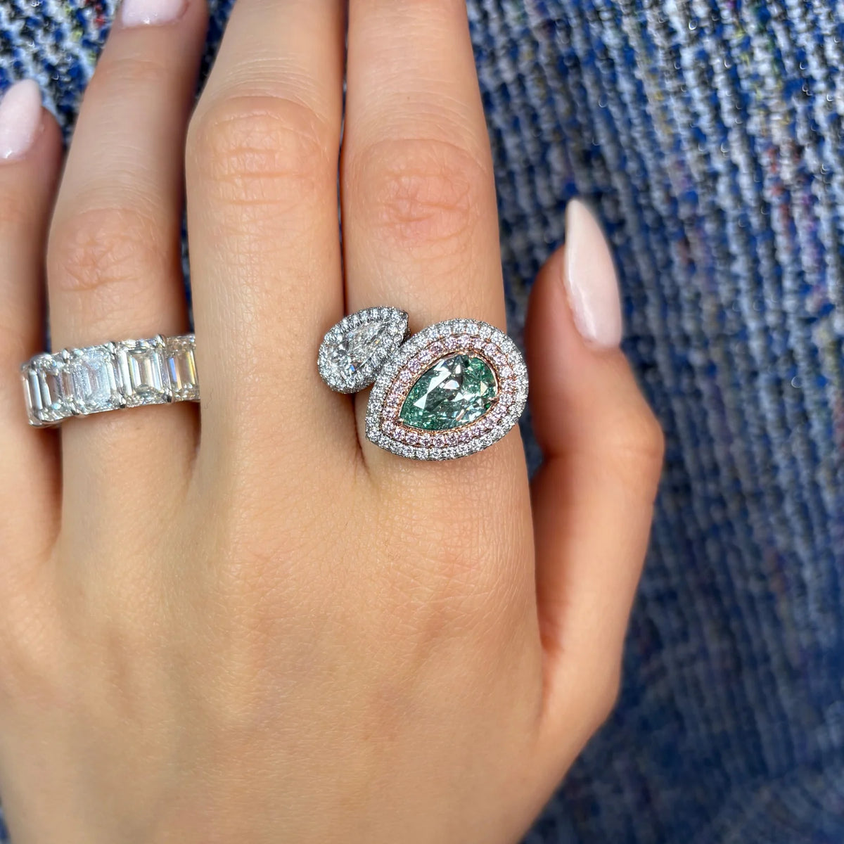 2.01ct Fancy Light Grayish Greenish Yellow Pear Diamond & White Diamond Bypass Ring