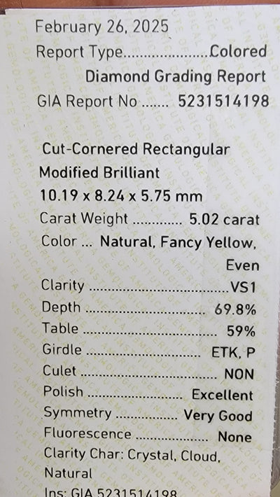 5.02ct Fancy Yellow Elongated Radiant VS1 GIA