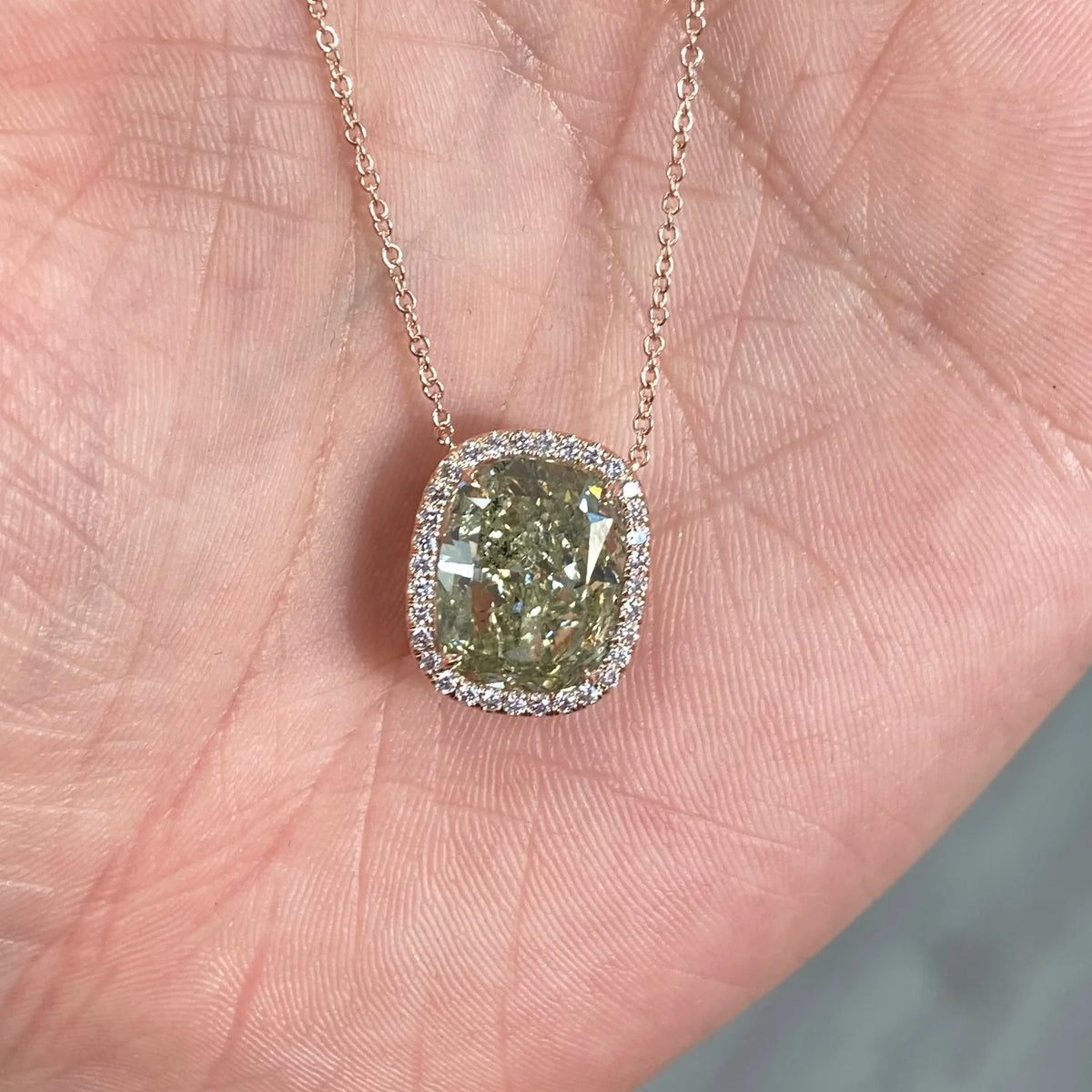 5.83ct Fancy Grayish Yellowish Green Cushion Diamond Pendant GIA