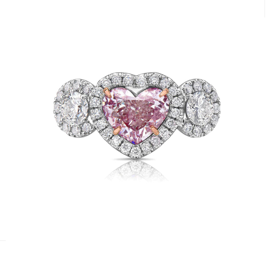 1.37ct Light Pink Heart Diamond Three-Stone Halo Ring GIA