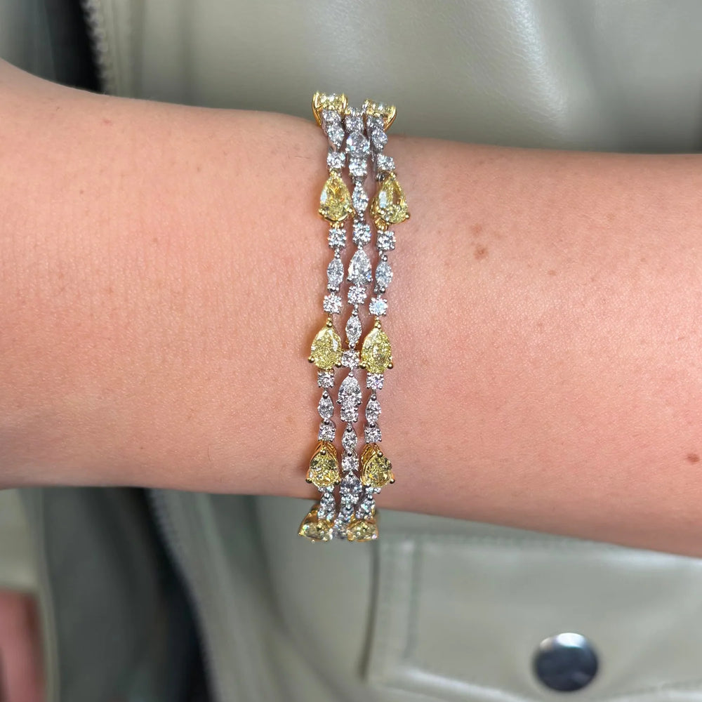 13.47ctw Yellow & White Pear Diamond Triple Row Bracelet