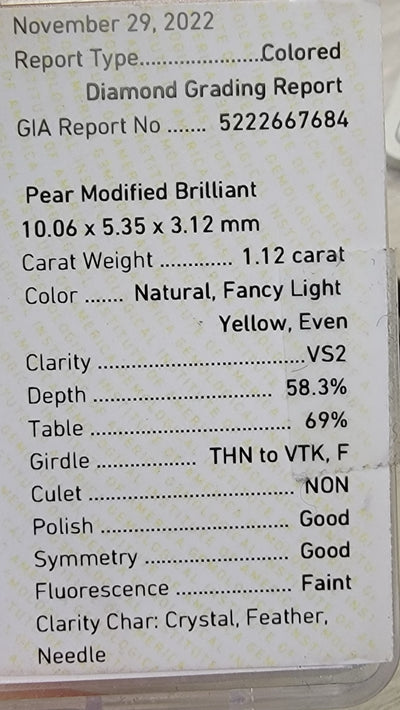 1.12ct Fancy Light Yellow Pear VS2 GIA
