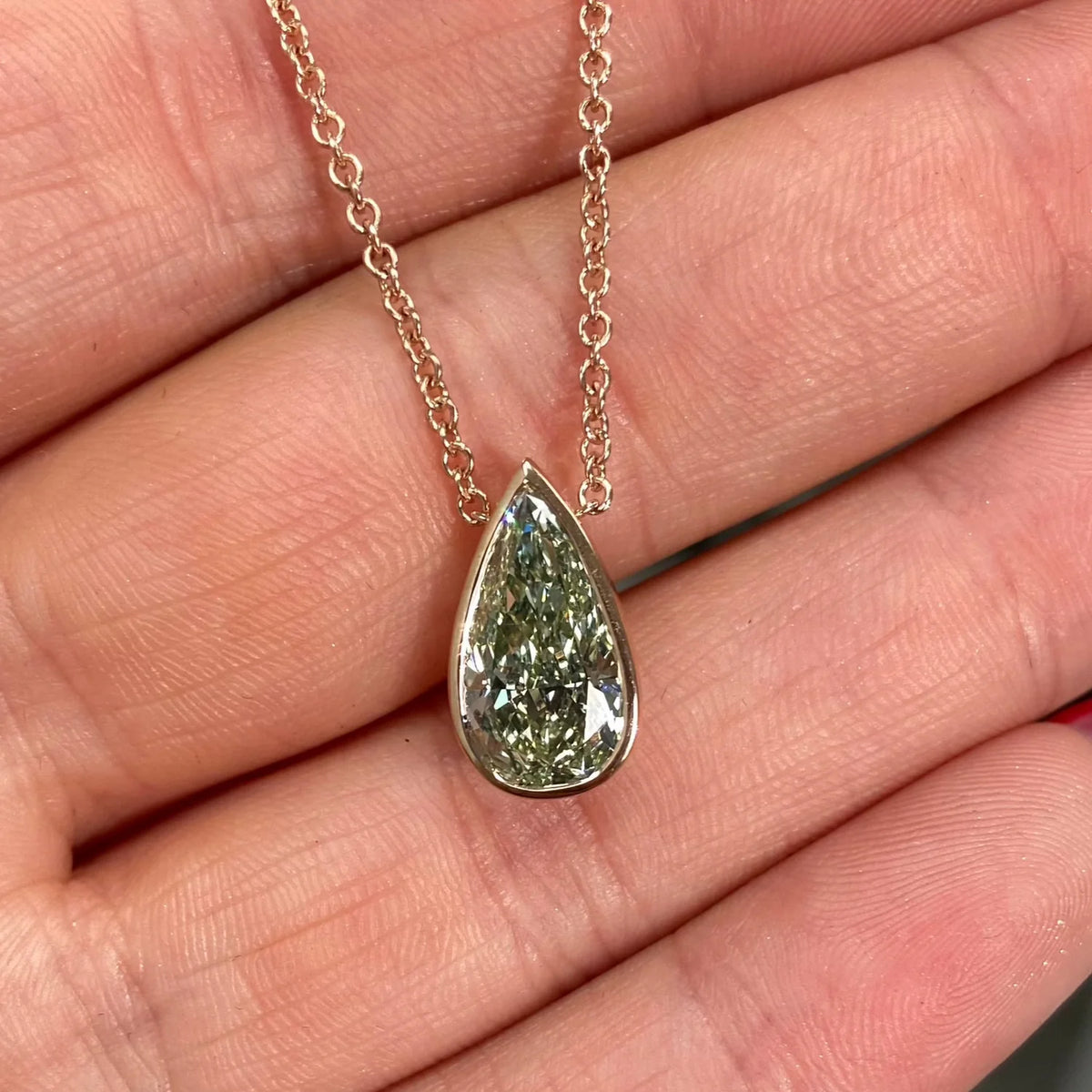 3ct Green Pear Diamond Bezel Pendant GIA