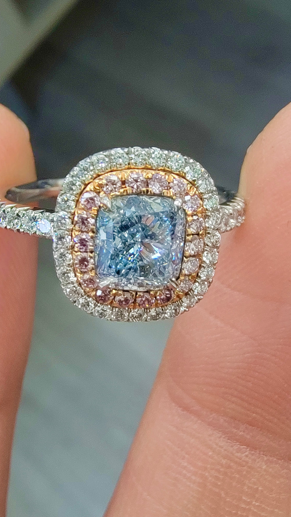 1.01ct Fancy Light Blue Cushion Diamond Ring SI1 GIA