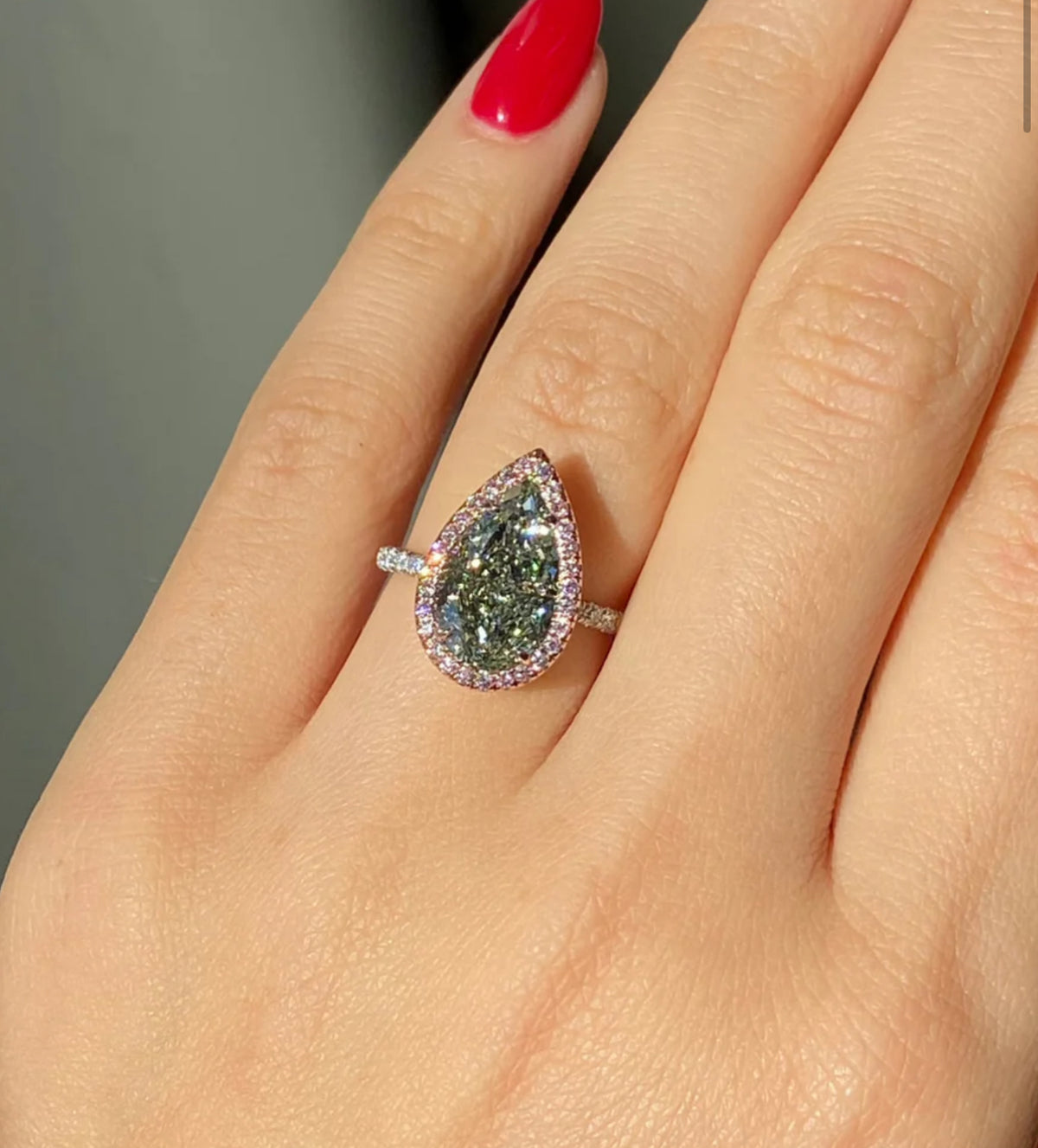 4ct Fancy Green Yellow Pear Diamond Ring VS2 GIA