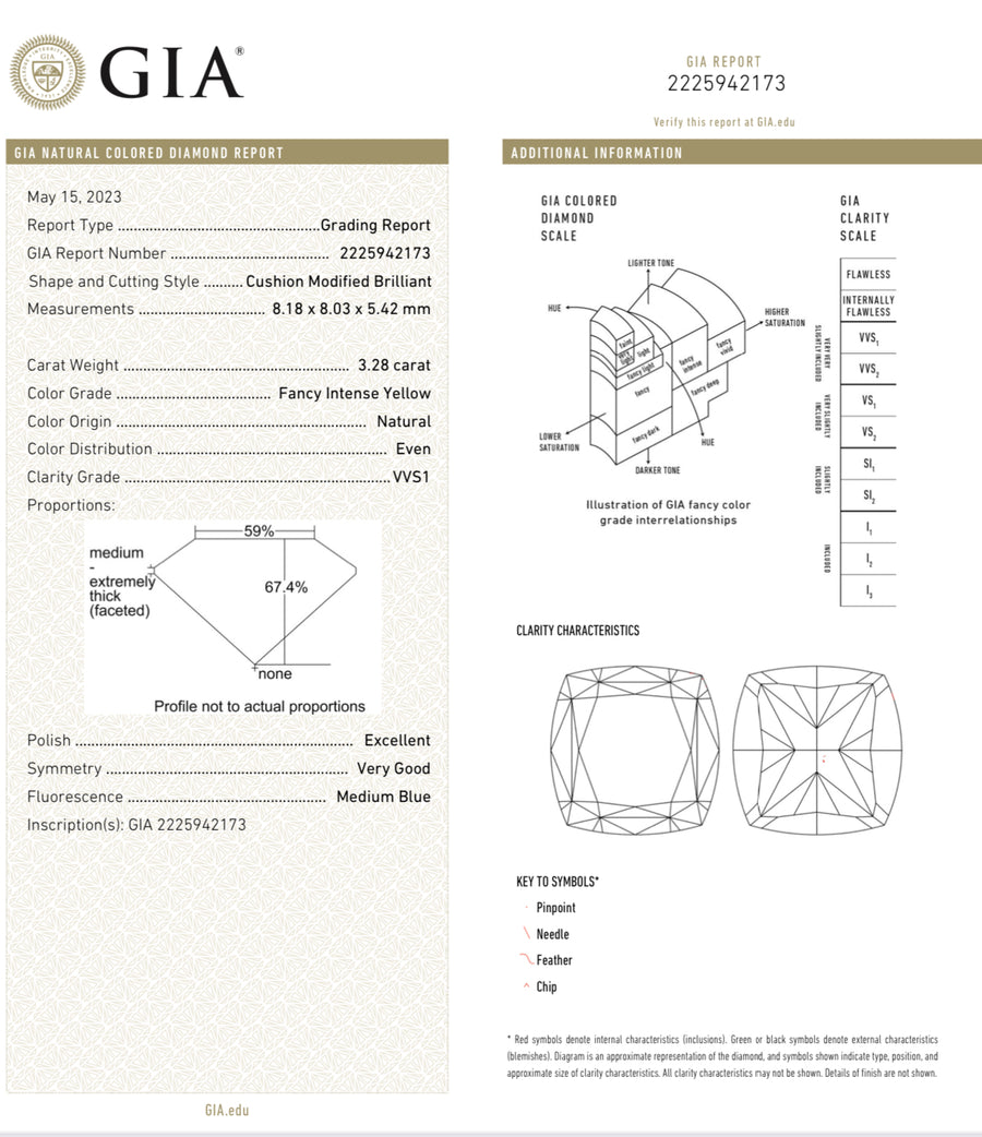 3.50ct & 3.28ct Fancy Intense Yellow Cushion Diamonds VS GIA