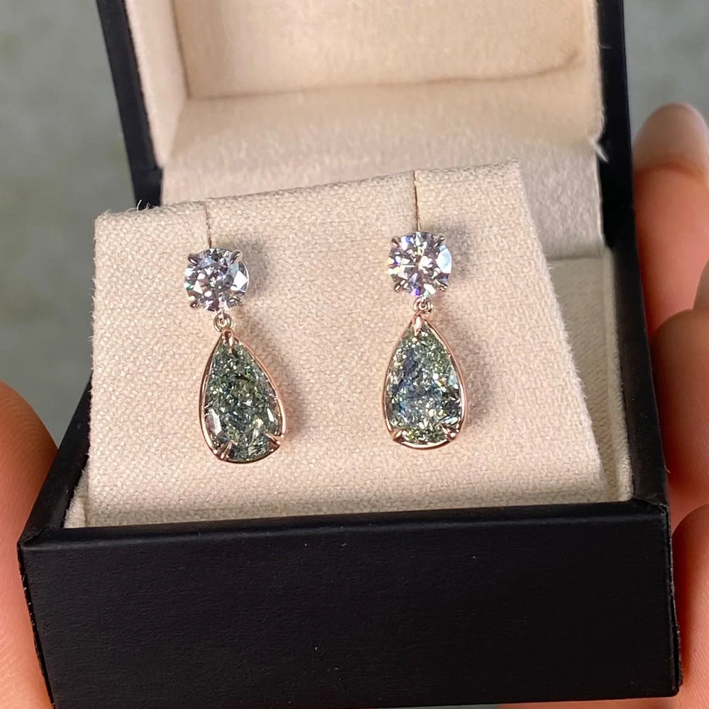 5.01ctw Fancy Light Yellowish Green Pear Diamond Drop Dangle Earrings GIA