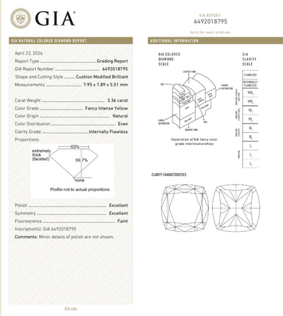3.36ct Fancy Intense Yellow Cushion IF GIA