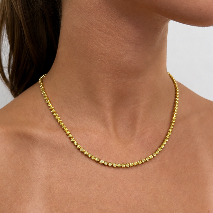 Fancy Intense Yellow Round Diamond Bezel Set Tennis Necklace