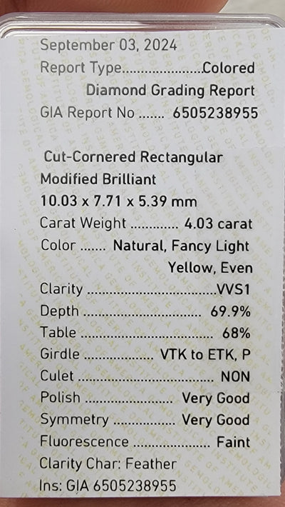 4.03ct Fancy Light Yellow Elongated Radiant VVS1 GIA